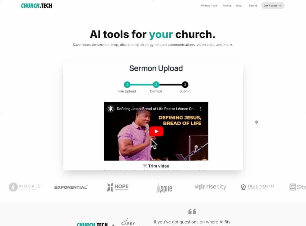 A screenshot of the Church.tech homepage