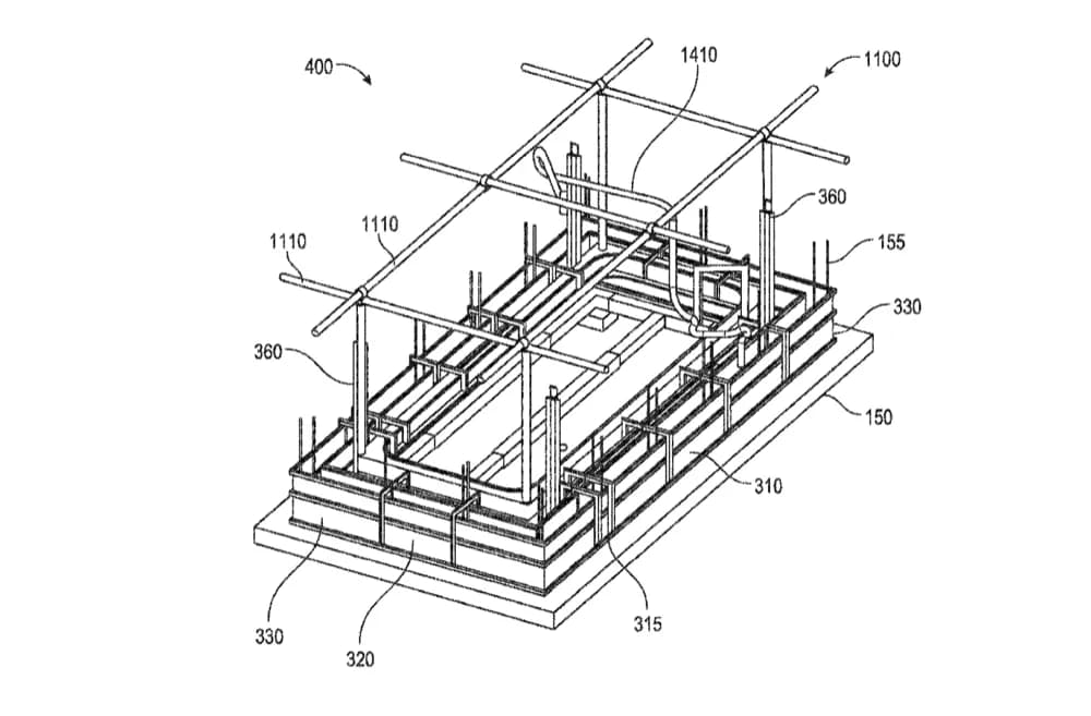 Figure from patent US-11136769-B2, showing the slipforming formwork assembly in isometric view