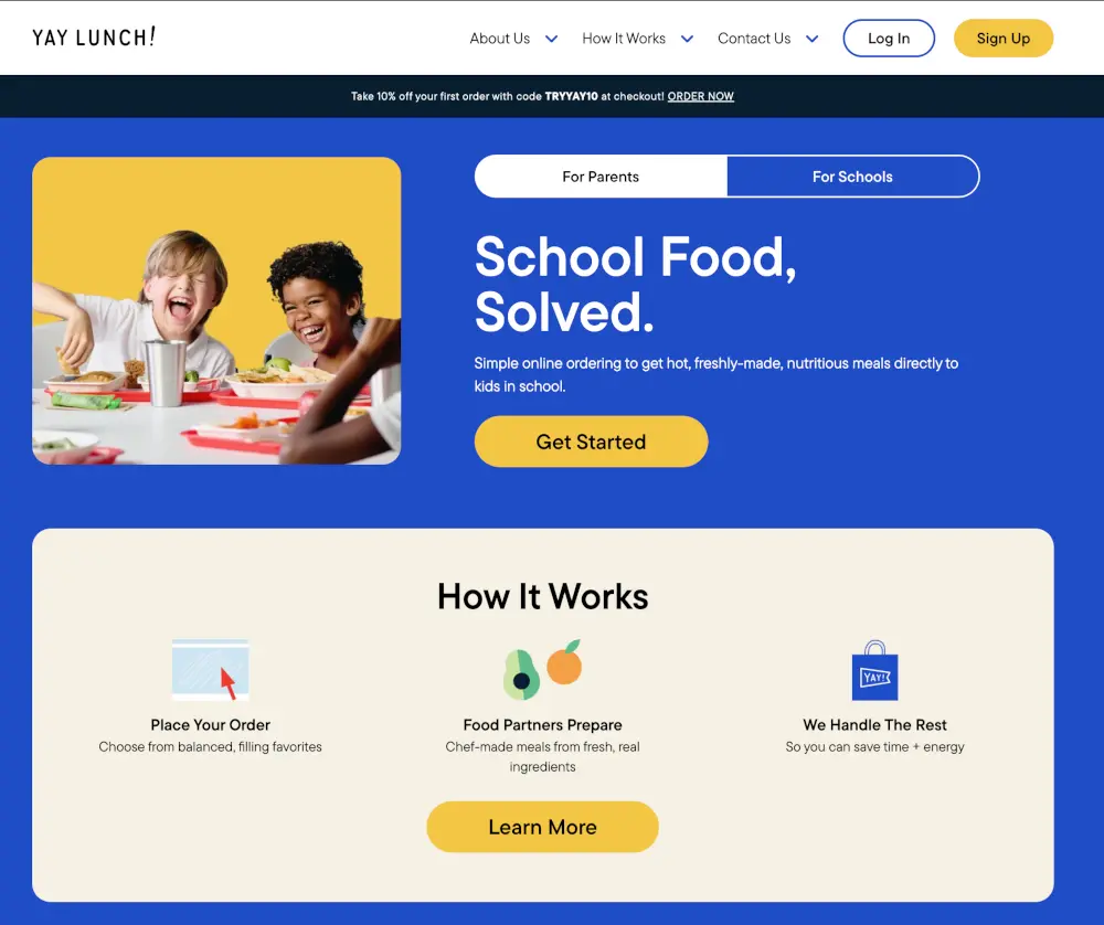 A screenshot of the yaylunch website